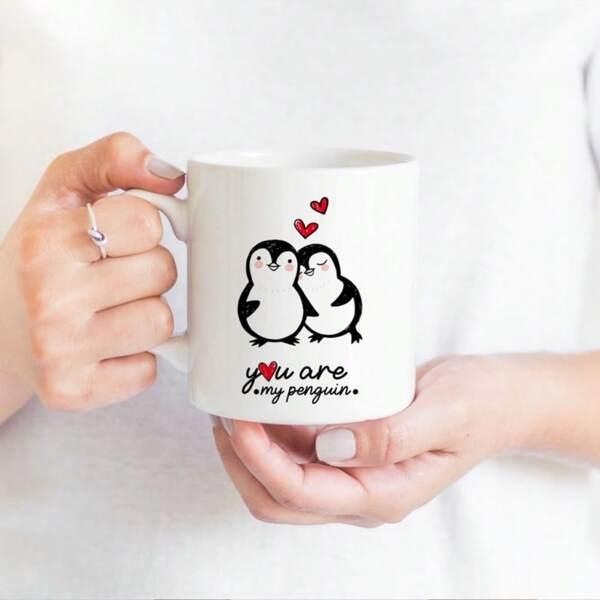 Tailorly White Ceramic 11 oz Mug - You Are My Penguin Two Adorable Cartoon Penguins Cuddling Under Floating Little Red Hearts Penguin