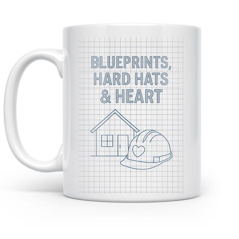 Tailorly White Ceramic 11 oz Mug - Blueprints Hard Hats Heart Simple House And Construction Helmet Lines On Grid Pattern Hard Hat
