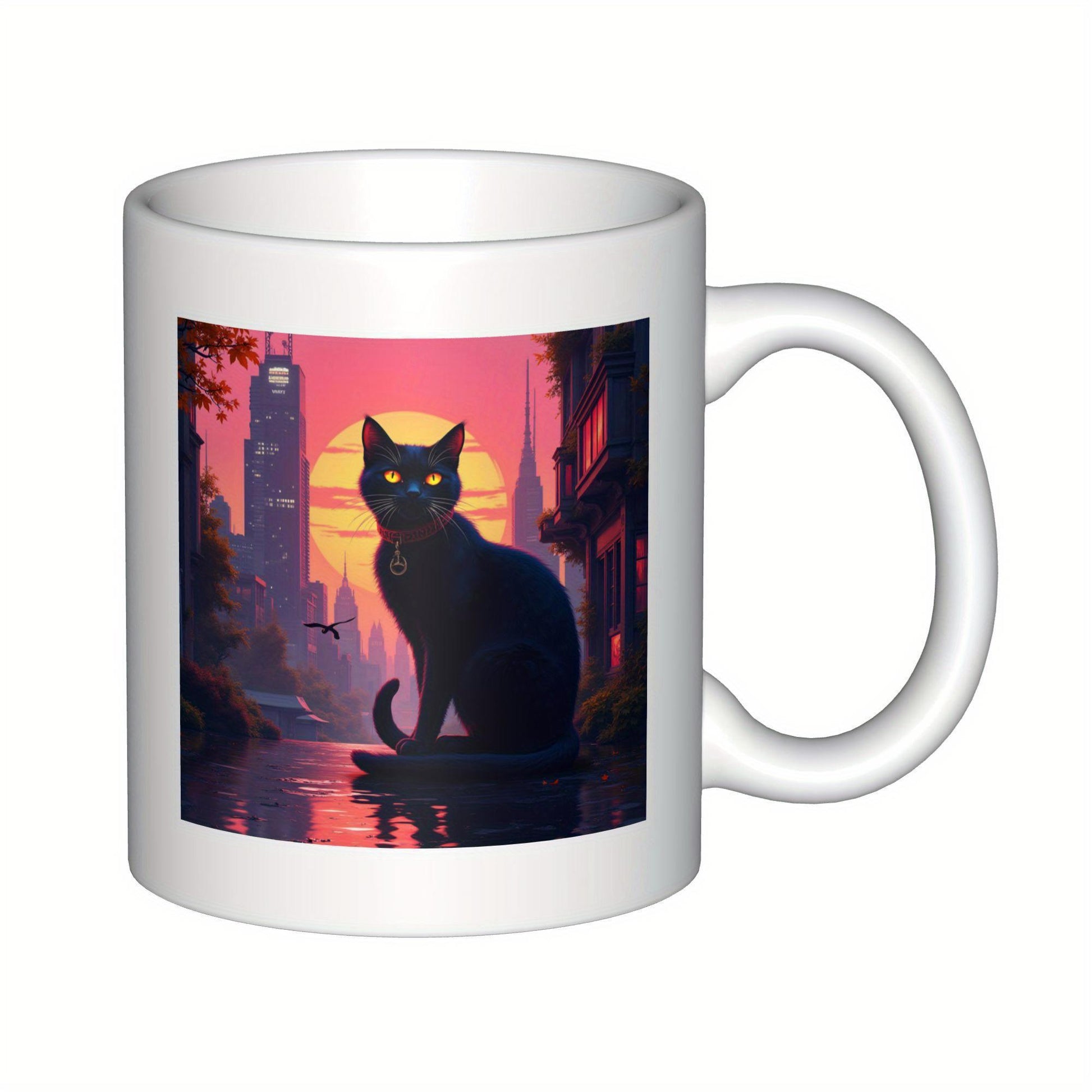 Tailorly White Ceramic 11 oz Mug - Sleek Black Silhouette Sitting Before Vibrant Pink Sunset And Glowing Skyline Cat
