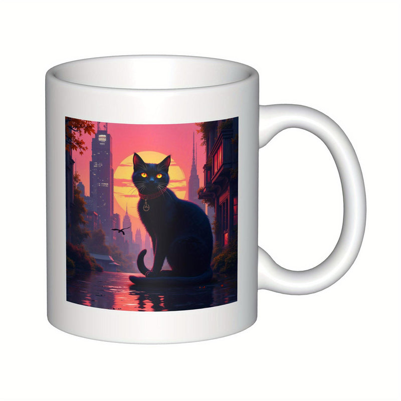 Tailorly White Ceramic 11 oz Mug - Sleek Black Silhouette Sitting Before Vibrant Pink Sunset And Glowing Skyline Cat