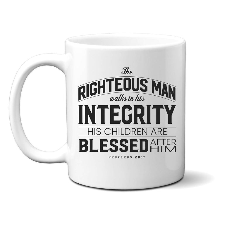 Tailorly White Ceramic 11 oz Mug - Righteous Man Integrity Blessed Children Proverbs 20 7 Bold Typography Featuring Religious Verse Among Decorative Minimalist