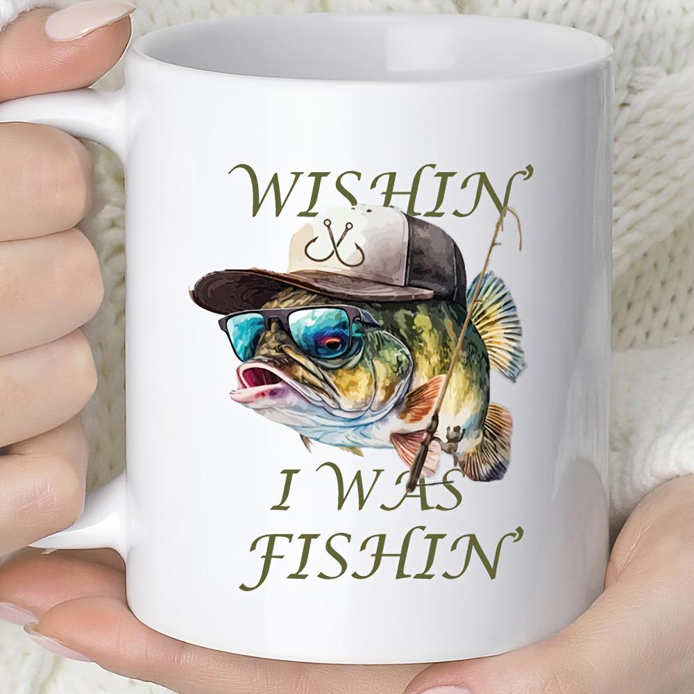 Tailorly White Ceramic 11 oz Mug - Wishin I Was Fishin Humorous Bass Wearing Blue Sunglasses And A Brown Trucker Hat Bass
