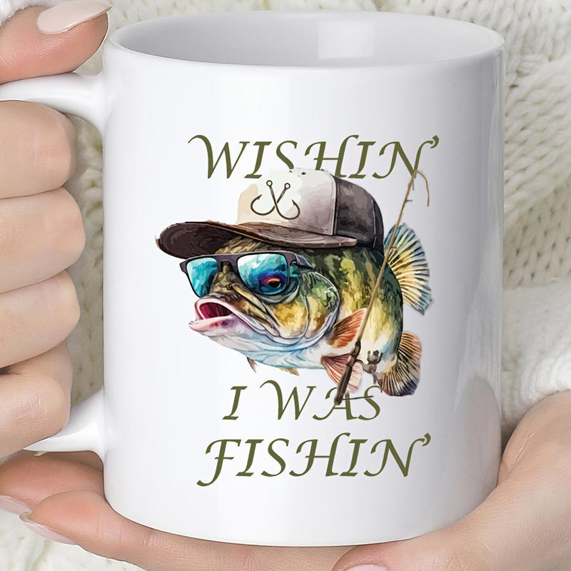 Tailorly White Ceramic 11 oz Mug - Wishin I Was Fishin Humorous Bass Wearing Blue Sunglasses And A Brown Trucker Hat Bass