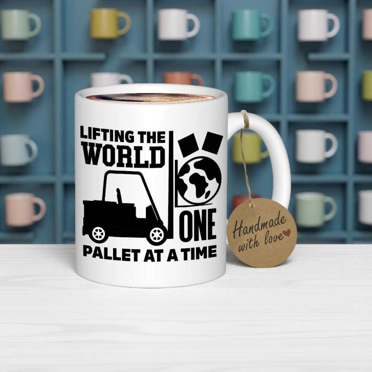 Tailorly White Ceramic 11 oz Mug - Lifting The World One Pallet At A Time Black Forklift Silhouette Lifting Earth Globe Among Industrial Logistic Delivery Elements