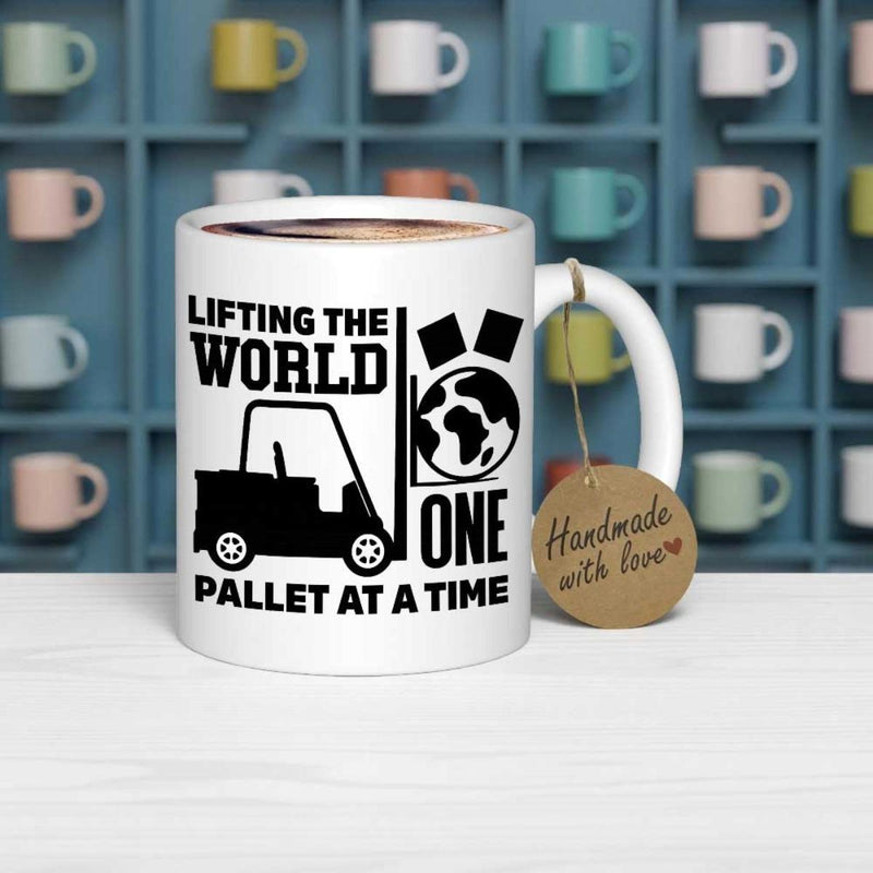 Tailorly White Ceramic 11 oz Mug - Lifting The World One Pallet At A Time Black Forklift Silhouette Lifting Earth Globe Among Industrial Logistic Delivery Elements