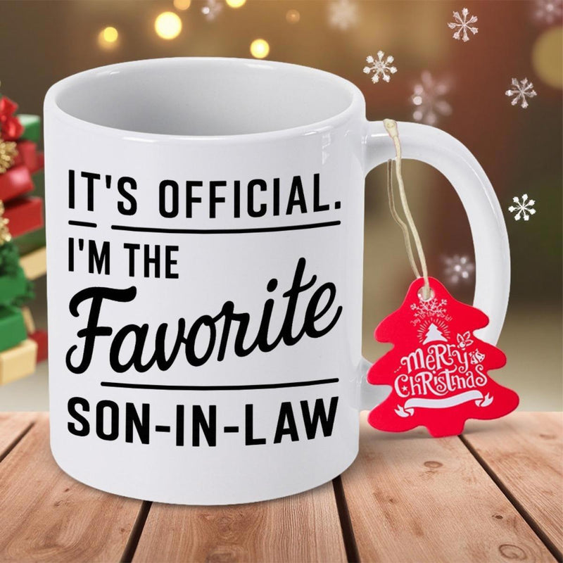 Tailorly White Ceramic 11 oz Mug - Its Official Im The Favorite Son In Law Minimalist White Ceramic Cup Featuring Bold Black Script Typographic Quote Mug