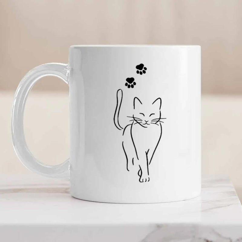 Tailorly White Ceramic 11 oz Mug - Minimalist Black Line Drawing Of A Walking Feline With Paw Prints Cat