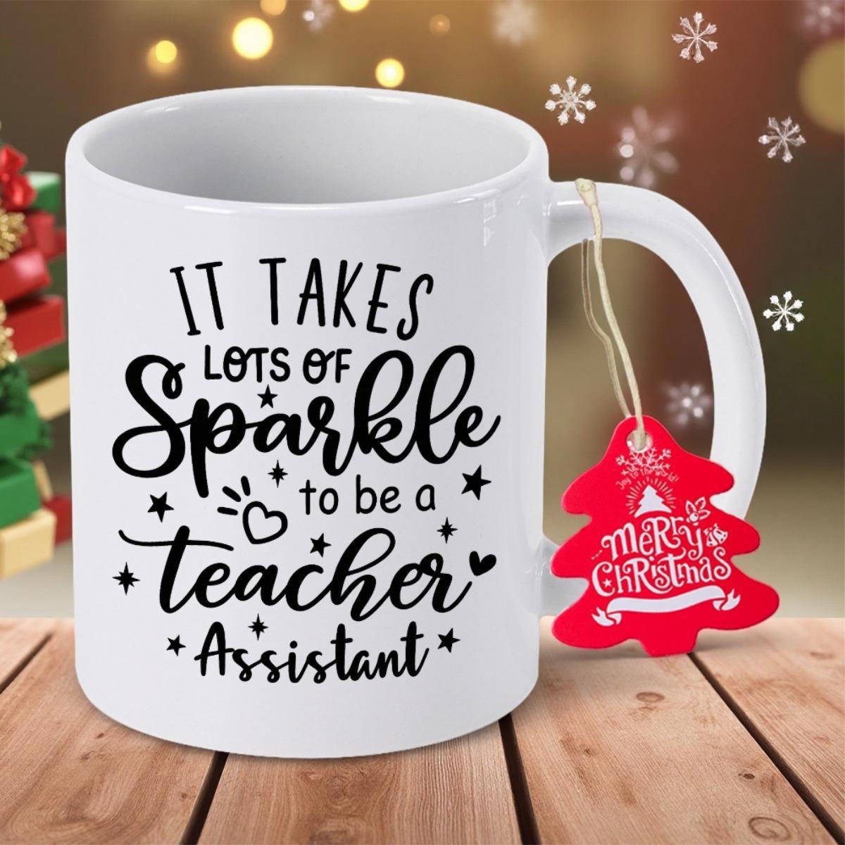 Tailorly White Ceramic 11 oz Mug - It Takes Lots Of Sparkle To Be A Teacher Assistant Minimalist White Ceramic Vessel With Decorative Typography And Star Ornaments