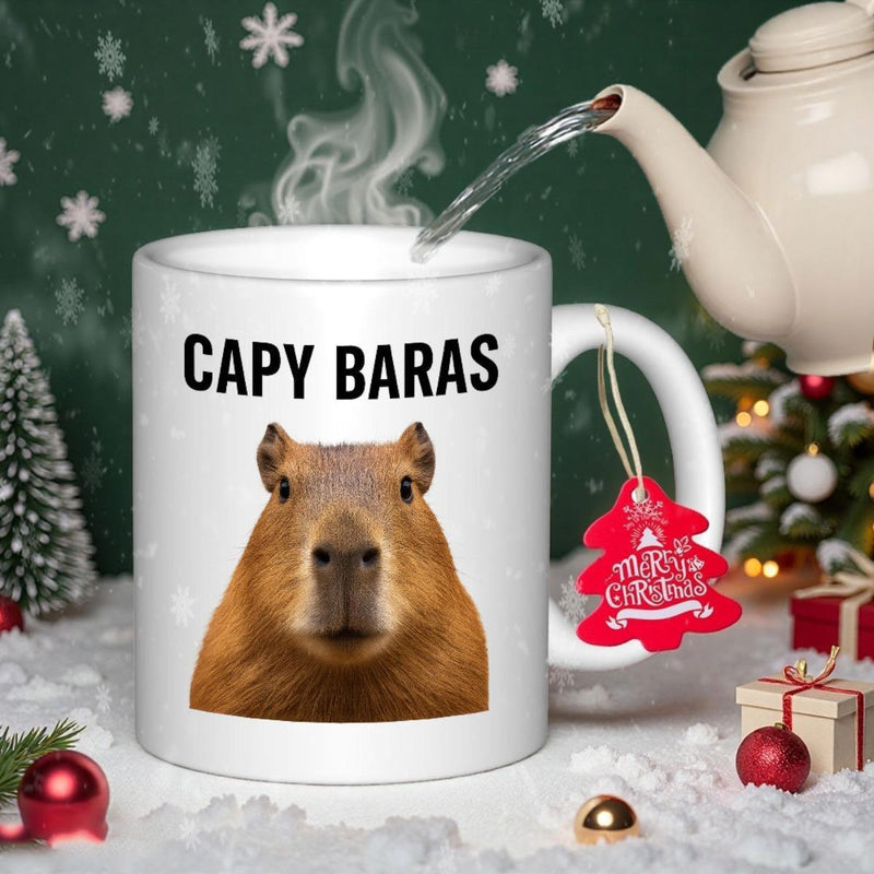 Tailorly White Ceramic 11 oz Mug - Capy Baras Realistic Furry Animal Head Portrait In Festive Winter Snow Atmosphere Capybara