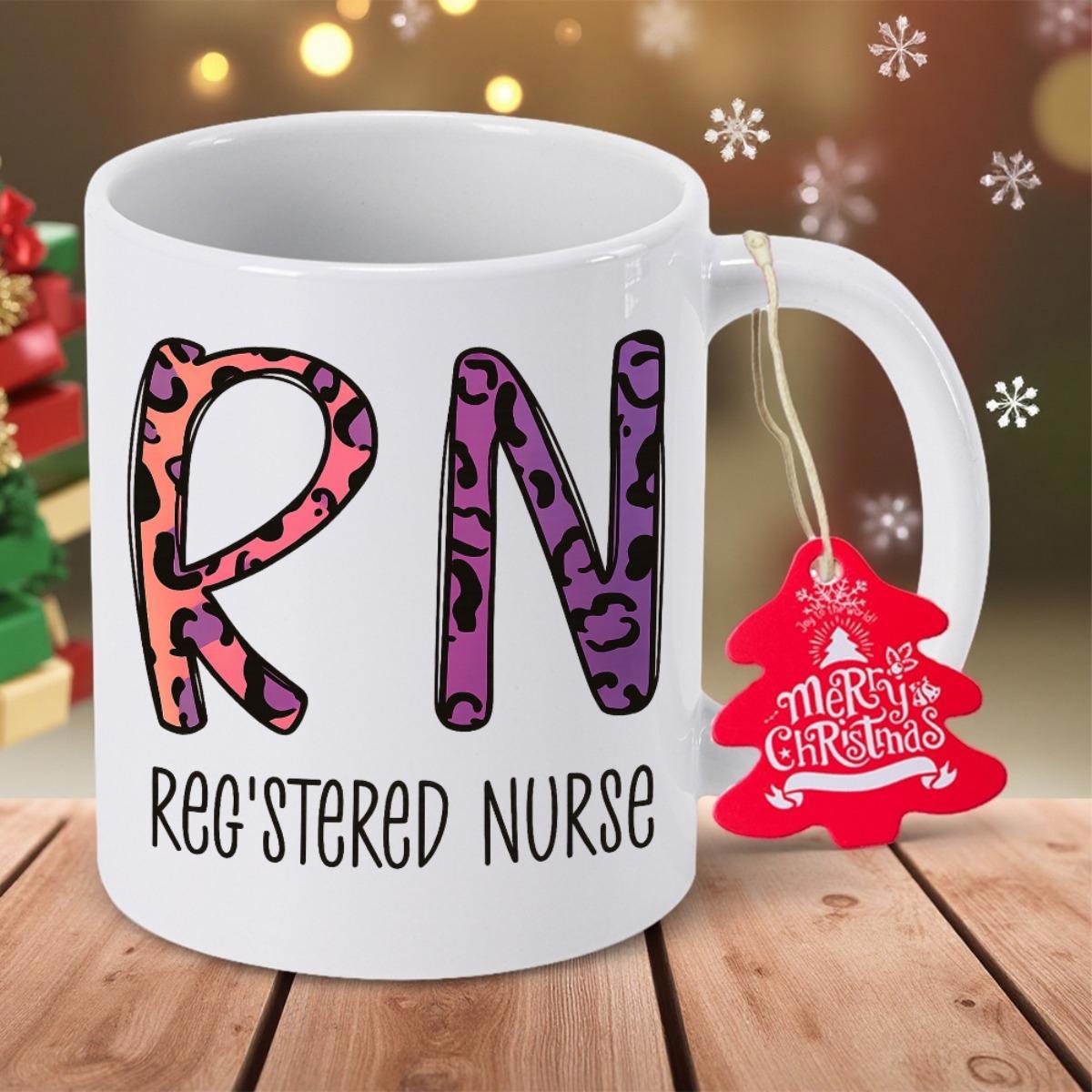 Tailorly White Ceramic 11 oz Mug - Registered Nurse White Ceramic Cup With Decorative Leopard Print Letters Nursing Theme Mug