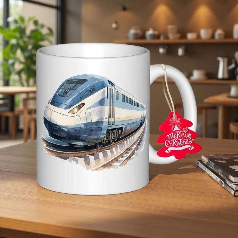 Tailorly White Ceramic 11 oz Mug - Merry Christmas Modern Blue High Speed Locomotive Speeding Along Industrial Railway Tracks Train