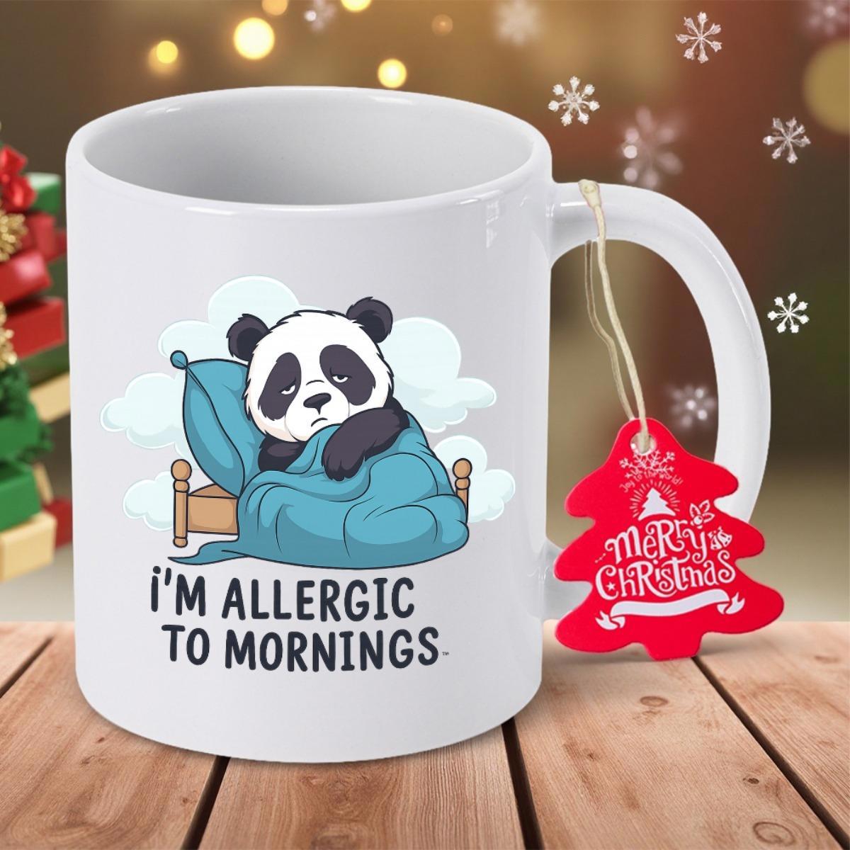 Tailorly White Ceramic 11 oz Mug - I'm Allergic To Mornings Adorable Sleepy Animal Resting Under Cozy Blue Blanket On Bed Panda