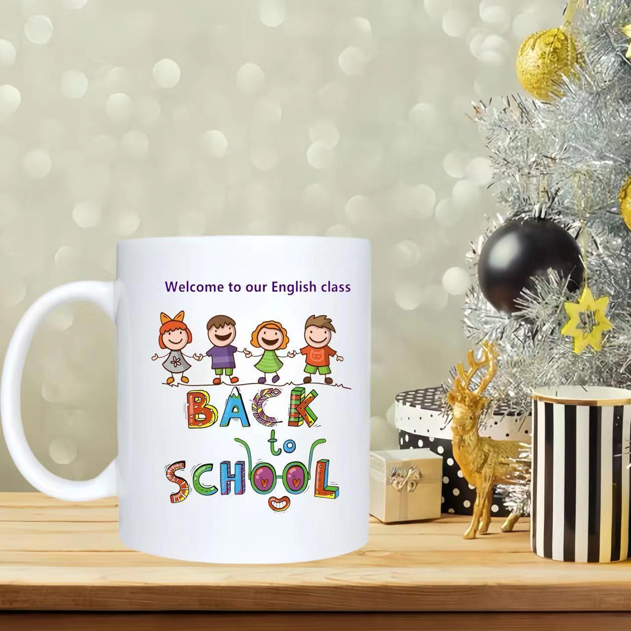 Tailorly White Ceramic 11 oz Mug - Welcome To Our English Class Back To School Happy Hand Drawn Cartoon Children Holding Hands Together Smiling Joyfully Mug