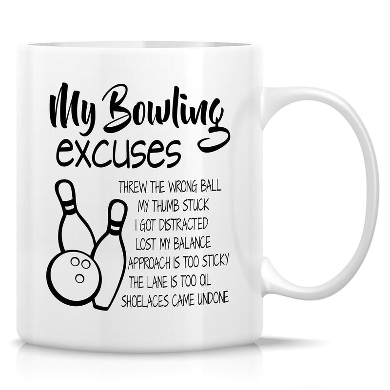 Tailorly White Ceramic 11 oz Mug - My Bowling Excuses Minimalist Black Ink Illustration With Classic Sports Pins And Ball Bowling
