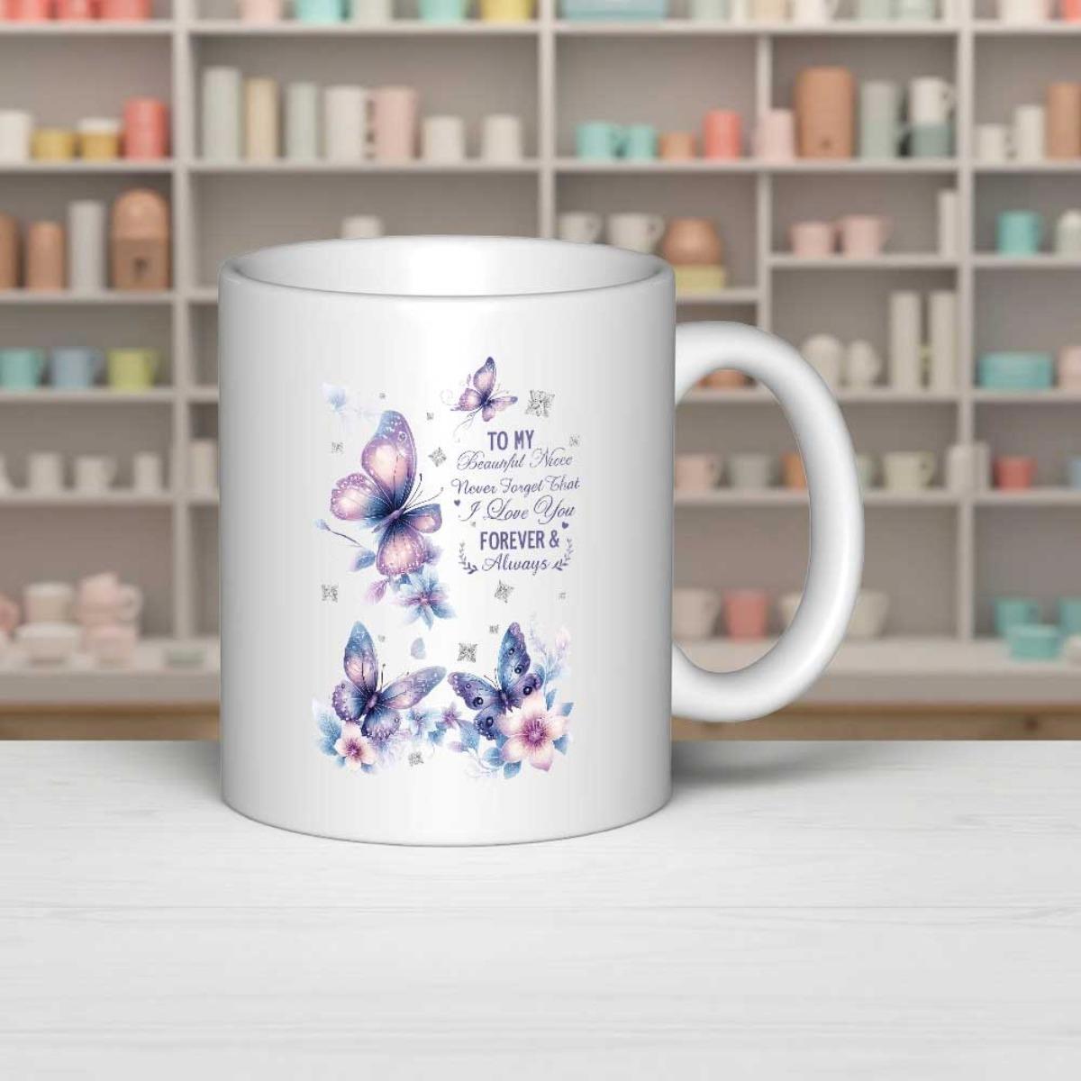 Tailorly White Ceramic 11 oz Mug - To My Daughter Never Forget That I Love You Forever Always Vibrant Watercolor Wings Fluttering Among Delicate Blossoms Under