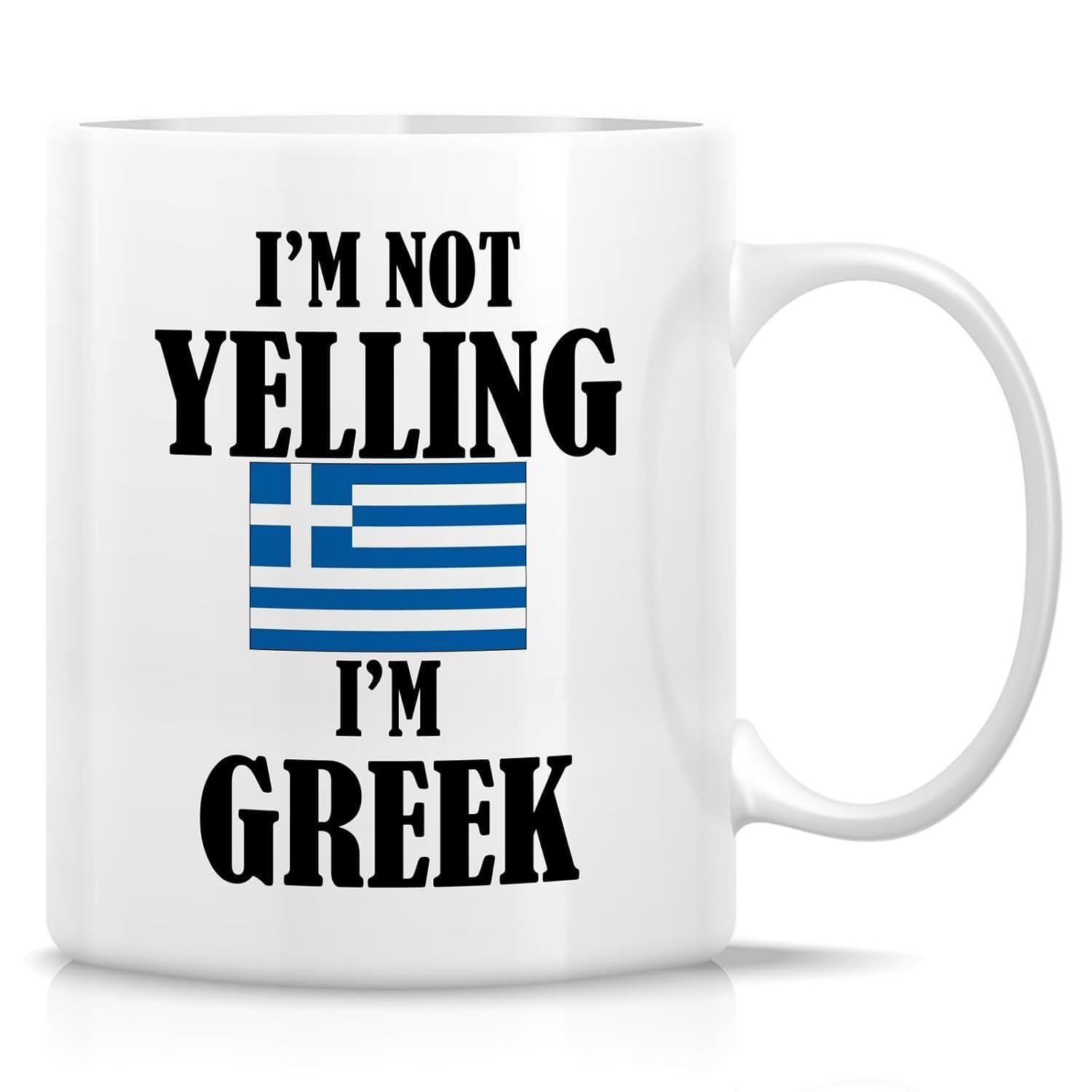 Tailorly White Ceramic 11 oz Mug - Im Not Yelling Im Greek Traditional Blue And White Striped National Flag With A Bold Cross Mug