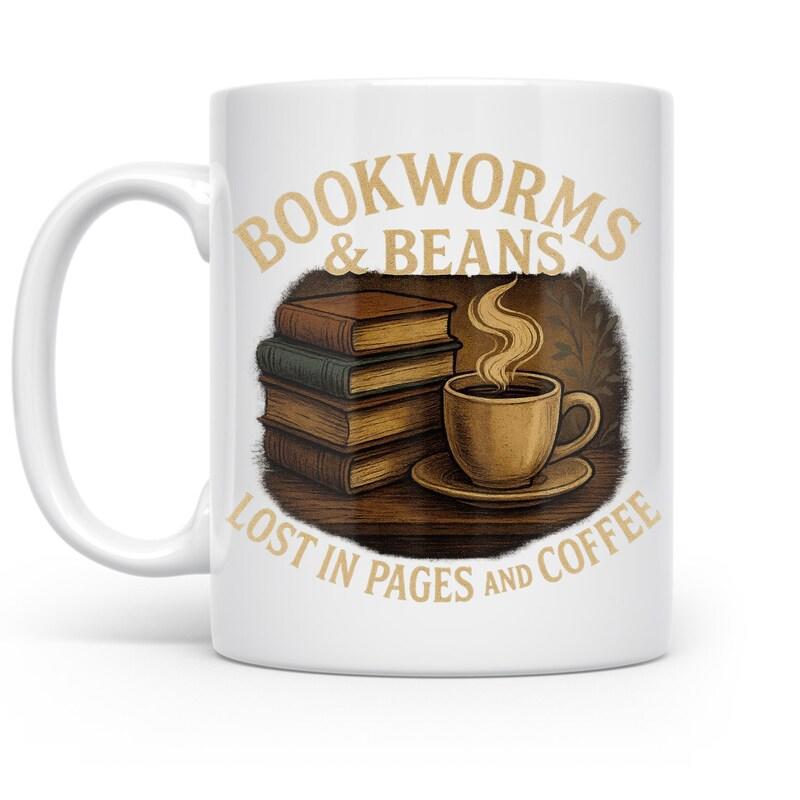 Tailorly White Ceramic 11 oz Mug - Bookworms Beans Lost In Pages And Coffee Vintage Stack Of Weathered Books Beside Steaming Hot Cup Of Aromatic Coffee Cup