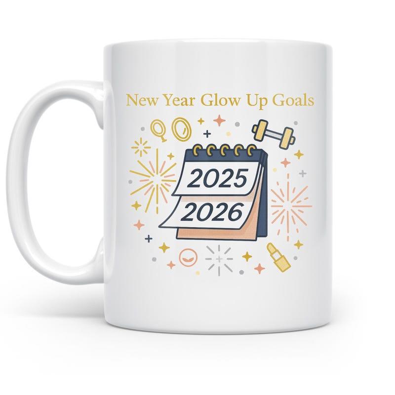 Tailorly White Ceramic 11 oz Mug - New Year Glow Up Goals 2025 2026 Festive Sparkles And Fitness Icons Floating Around A Traditional Flip Calendar
