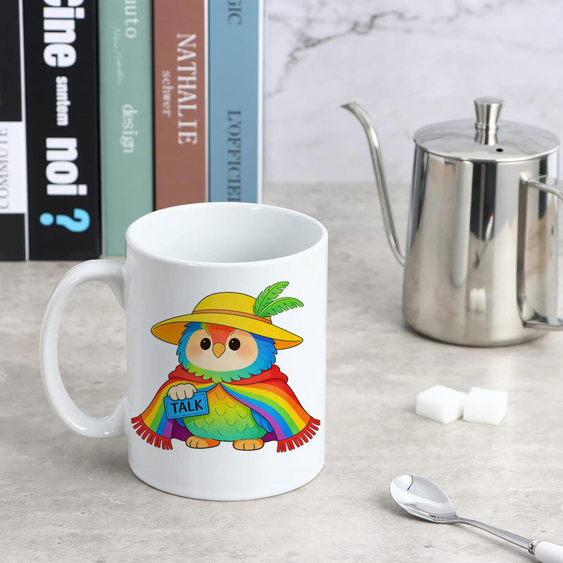 Tailorly White Ceramic 11 oz Mug - Yalk Cute Cartoon Bird Wearing Yellow Straw Hat And Rainbow Cape Owl
