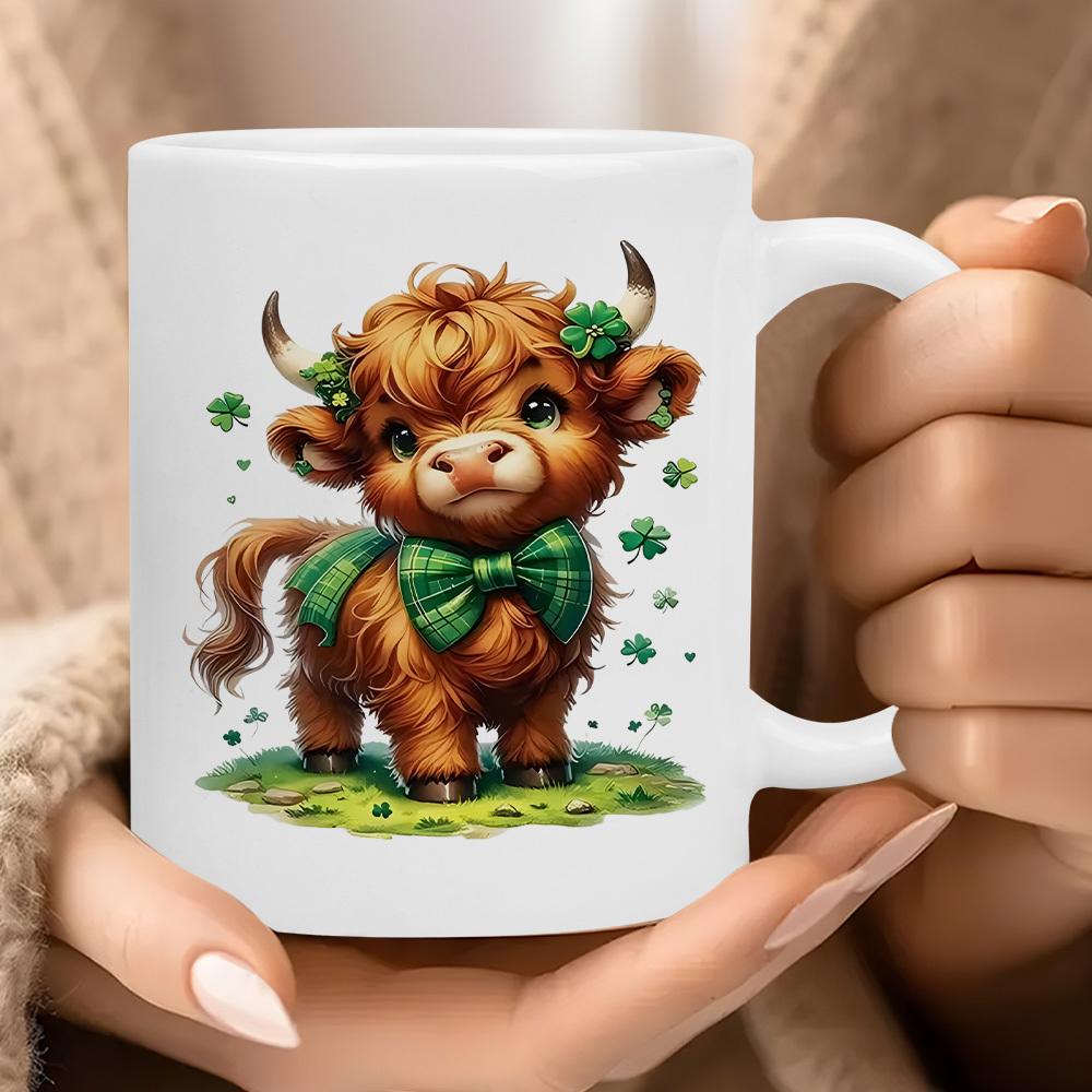 Tailorly White Ceramic 11 oz Mug - Adorable Fluffy Highland Cow Wearing Green Plaid Bow Tie Among Shamrocks Cow