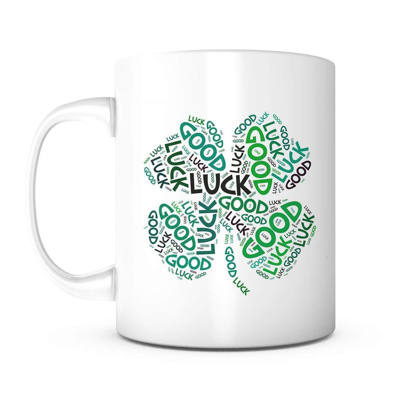 Tailorly White Ceramic 11 oz Mug - Good Luck Vibrant Green Word Cloud Typography Forming A Four Leaf Clover
