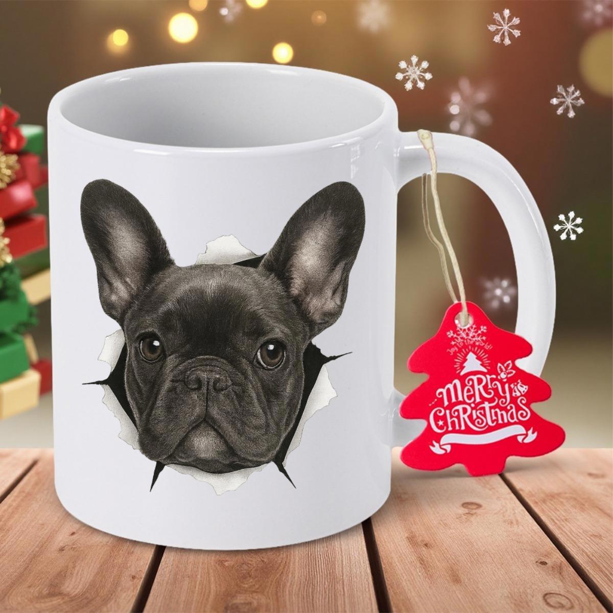 Tailorly White Ceramic 11 oz Mug - Merry Christmas Black French Bulldog Peeking Through Torn Paper With Realistic Shading Details Bulldog