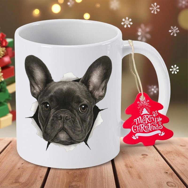 Tailorly White Ceramic 11 oz Mug - Merry Christmas Black French Bulldog Peeking Through Torn Paper With Realistic Shading Details Bulldog