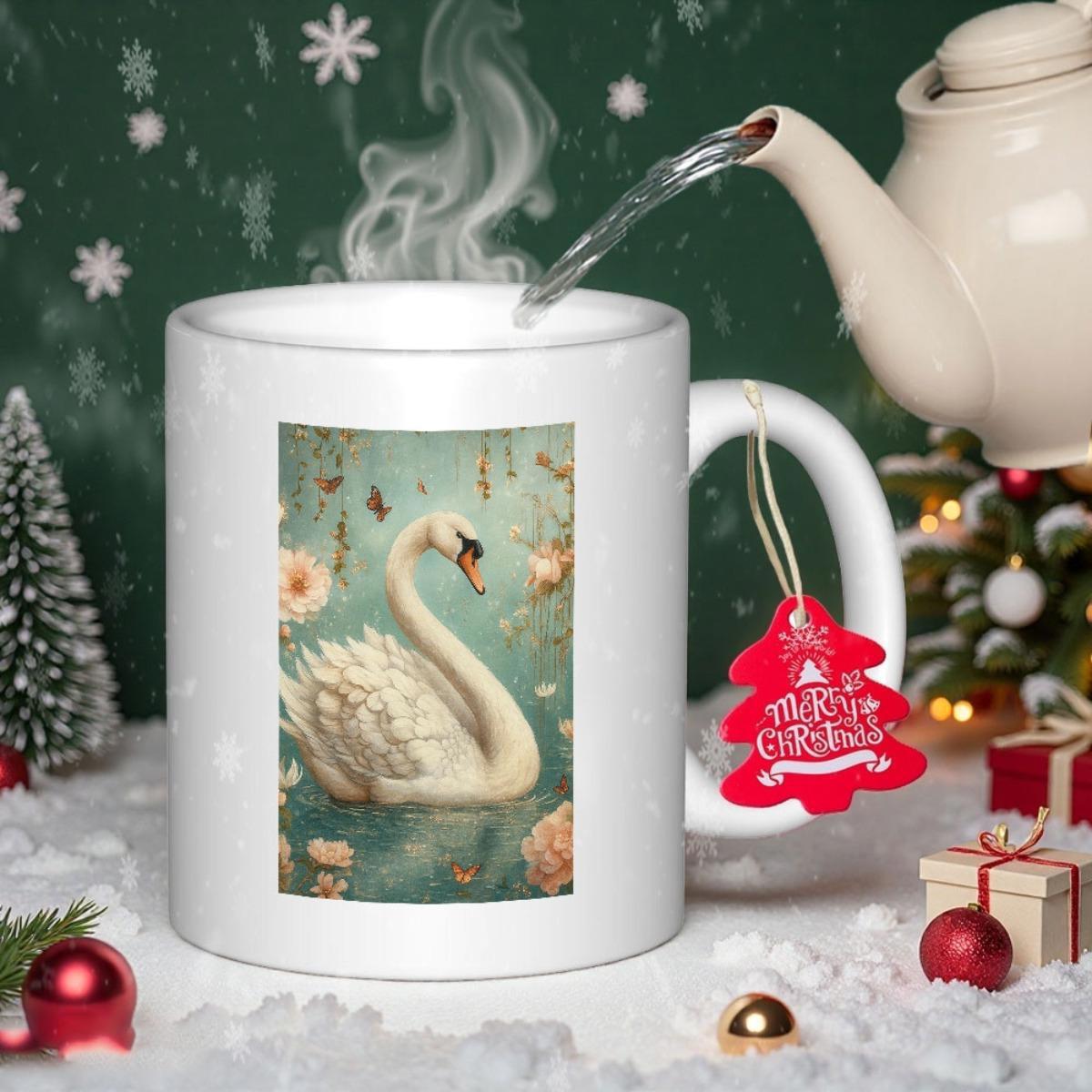 Tailorly White Ceramic 11 oz Mug - Elegant White Swan Floating Gracefully In Serene Pond Among Delicate Blossoms Swan