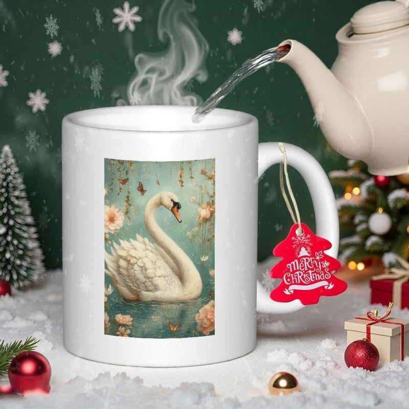 Tailorly White Ceramic 11 oz Mug - Elegant White Swan Floating Gracefully In Serene Pond Among Delicate Blossoms Swan