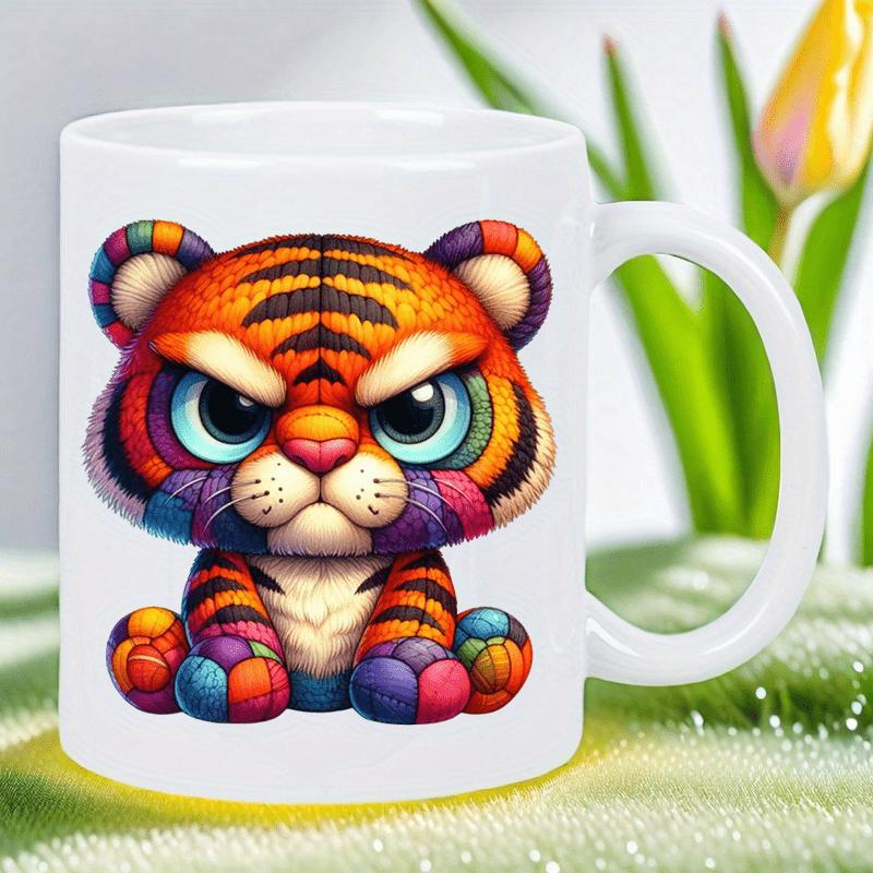 Tailorly White Ceramic 11 oz Mug - Vibrant Patchwork Cartoon Character With Fierce Expression Sitting Proudly Small Tiger
