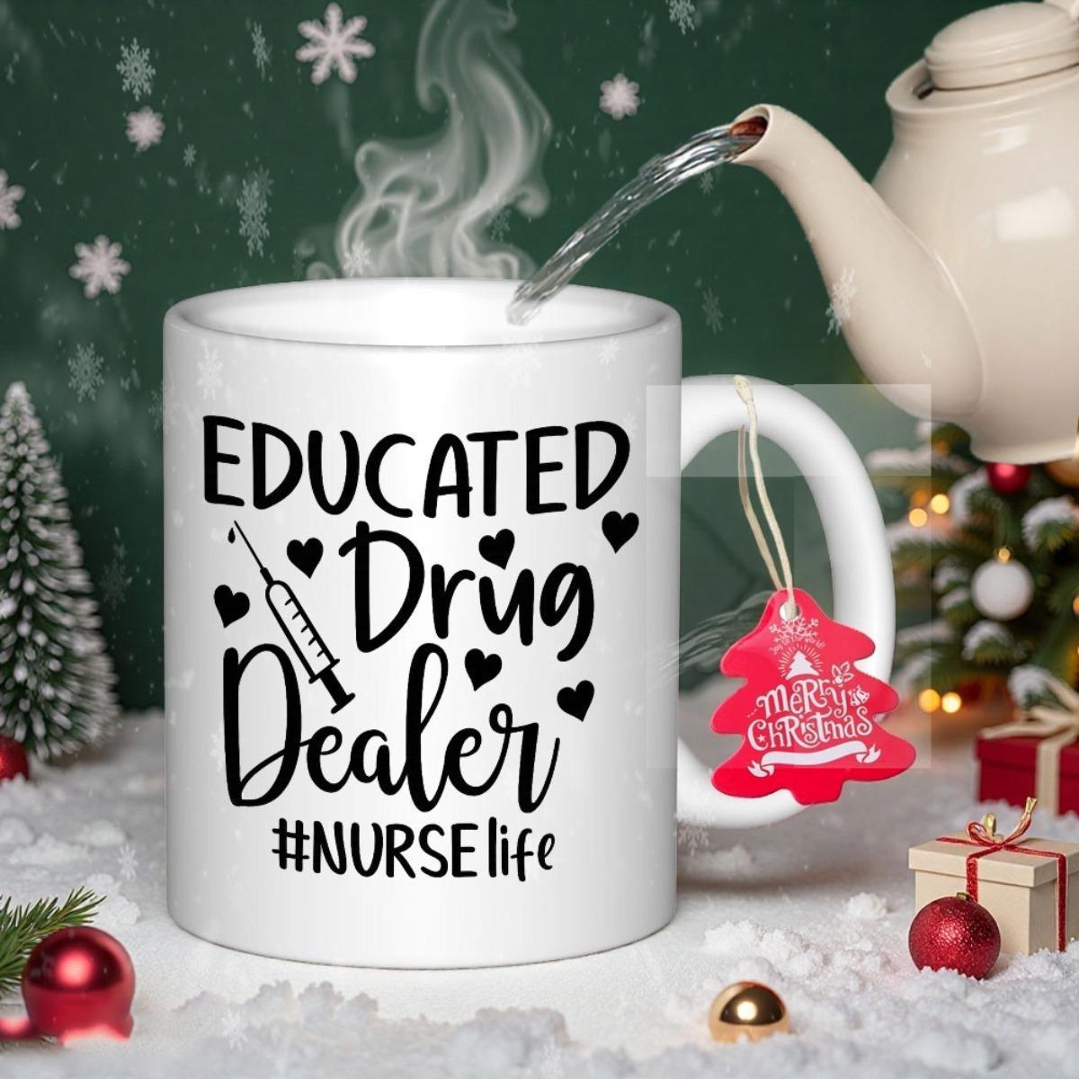 Tailorly White Ceramic 11 oz Mug - Educated Drug Dealer Nurse Life Festive Ceramic Container Featuring Syringe And Small Heart Icons Mug