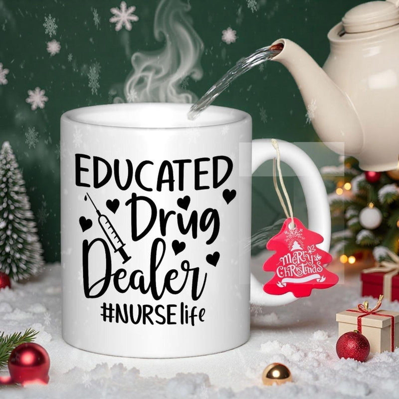 Tailorly White Ceramic 11 oz Mug - Educated Drug Dealer Nurse Life Festive Ceramic Container Featuring Syringe And Small Heart Icons Mug