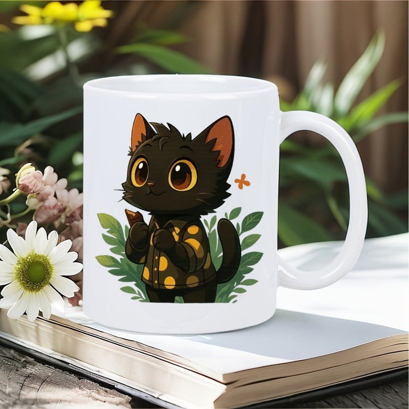 Tailorly White Ceramic 11 oz Mug - Cute Little Black Kitten Wearing Yellow Polka Dot Shirt Amidst Green Leaves Cat
