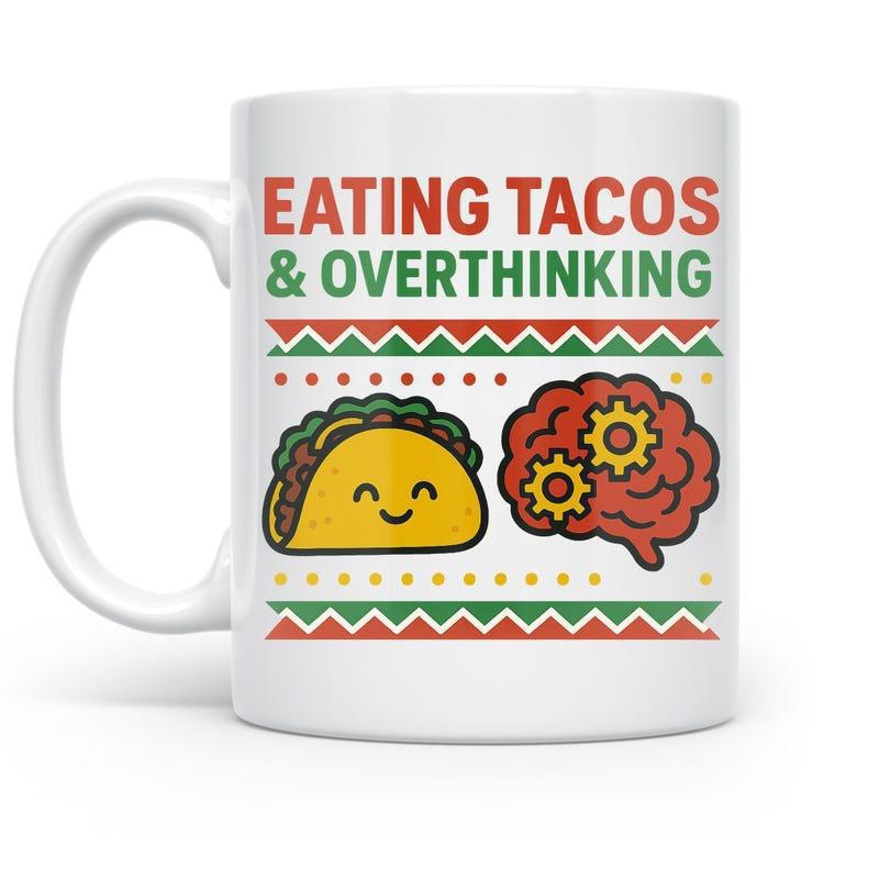 Tailorly White Ceramic 11 oz Mug - Eating Tacos Overthinking Smiling Cartoon Food With Mechanical Cog Brain Among Festive Colorful Patterned Taco