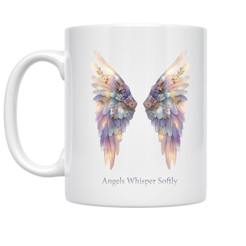 Tailorly White Ceramic 11 oz Mug - Angels Whisper Softly Ethereal Watercolor Symmetrical Feathers Glowing With Soft Purple Tones Wings