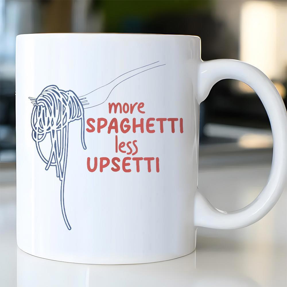 Tailorly White Ceramic 11 oz Mug - More Spaghetti Less Upsetti Minimalist Line Art Drawing Of Twisted Long Thin Pasta Wrapped Around A Fork