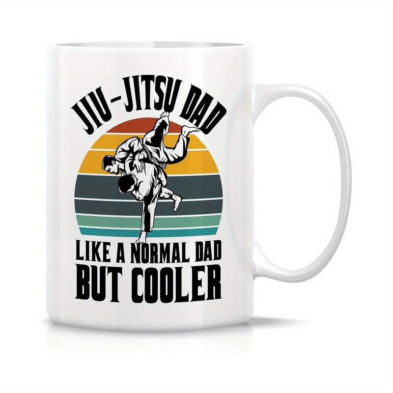 Tailorly White Ceramic 11 oz Mug - Jiu Jitsu Dad Like A Normal Dad But Cooler Retro Vintage Distressed Sunset With Two Martial Arts Athletes Silhouette