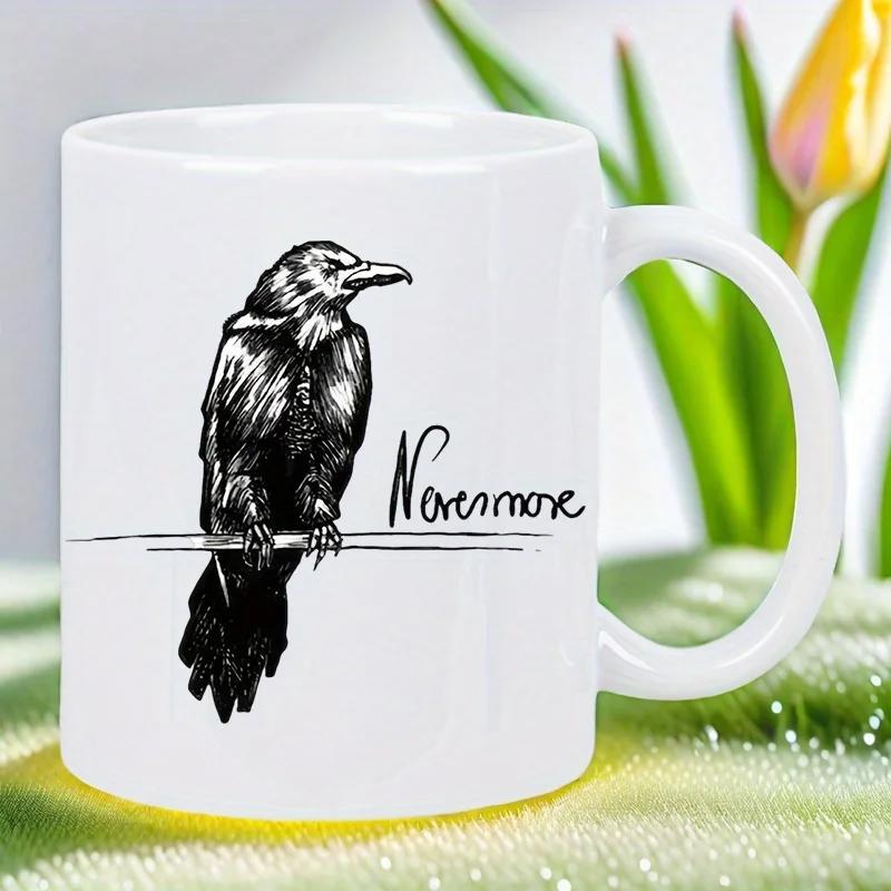 Tailorly White Ceramic 11 oz Mug - Nevermore Detailed Black Ink Sketch Of A Mysterious Perched Raven