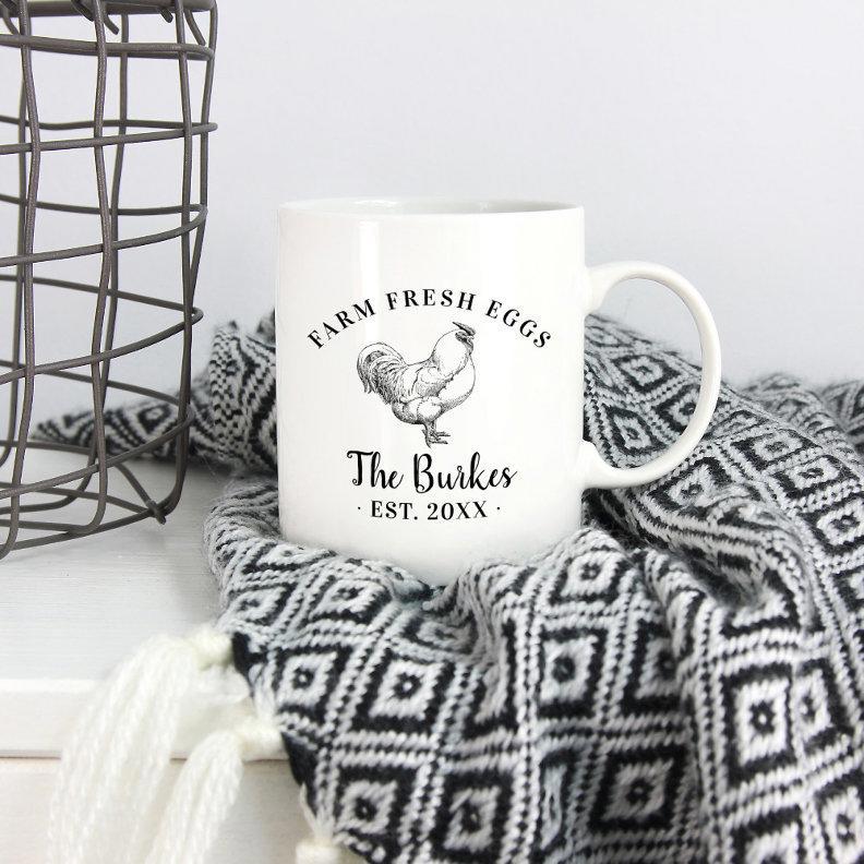 Tailorly White Ceramic 11 oz Mug - Farm Fresh Eggs The Burkes Est 20XX Vintage Rustic Line Art Drawing Of A Countryside Farm Chicken