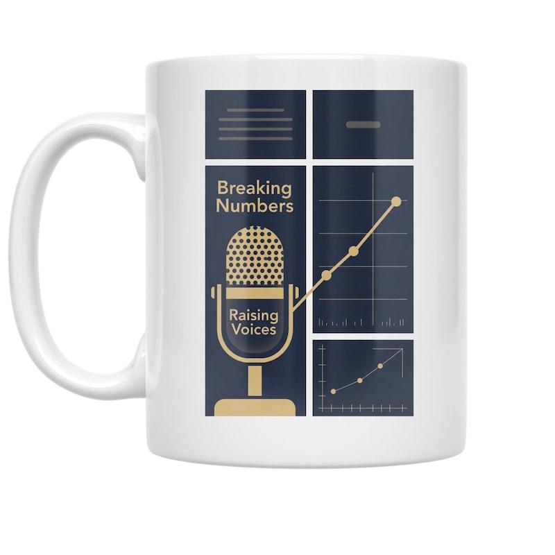 Tailorly White Ceramic 11 oz Mug - Breaking Numbers Raising Voices Vintage Microphone Amidst Upward Trending Data Charts On Navy Blue Grid Microphone