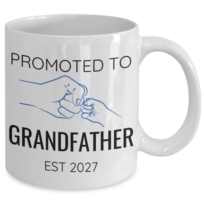 Tailorly White Ceramic 11 oz Mug - Promoted To Grandfather Est 2027 Minimalist Blue Line Drawing Of Adult And Baby Hand