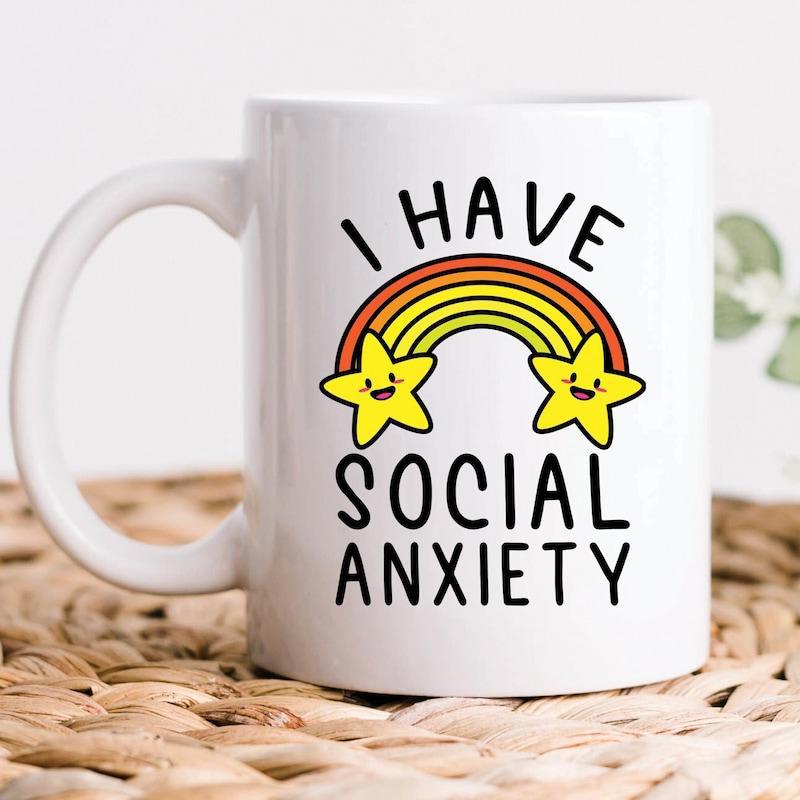 Tailorly White Ceramic 11 oz Mug - I Have Social Anxiety Cheerful Smiling Stars With Retro Style Colorful Arched Vibrant Rainbow
