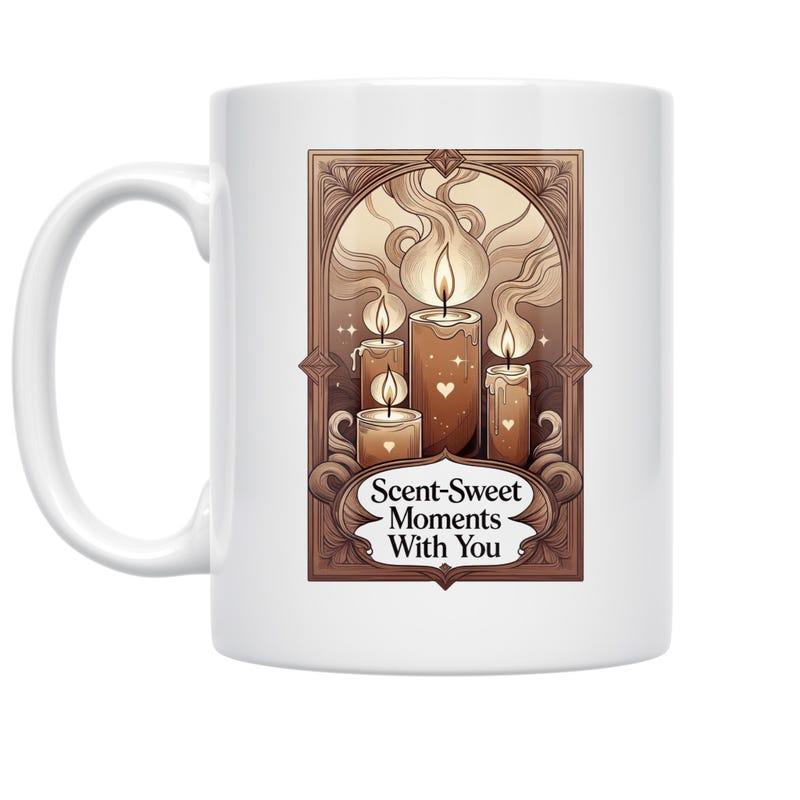 Tailorly White Ceramic 11 oz Mug - Scent Sweet Moments With You Glowing Burning Candles Set Within Decorative Art Nouveau Frame Candle