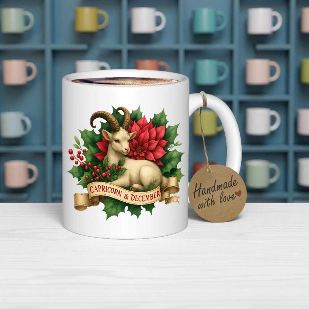 Tailorly White Ceramic 11 oz Mug - Capricorn December Festive Poinsettia And Holly Leaves Among A Vintage Ribbon Goat