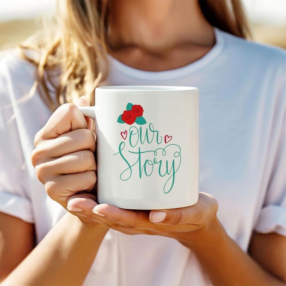 Tailorly White Ceramic 11 oz Mug - Our Story Elegant Cursive Script With Delicate Green Leaves And Red Heart