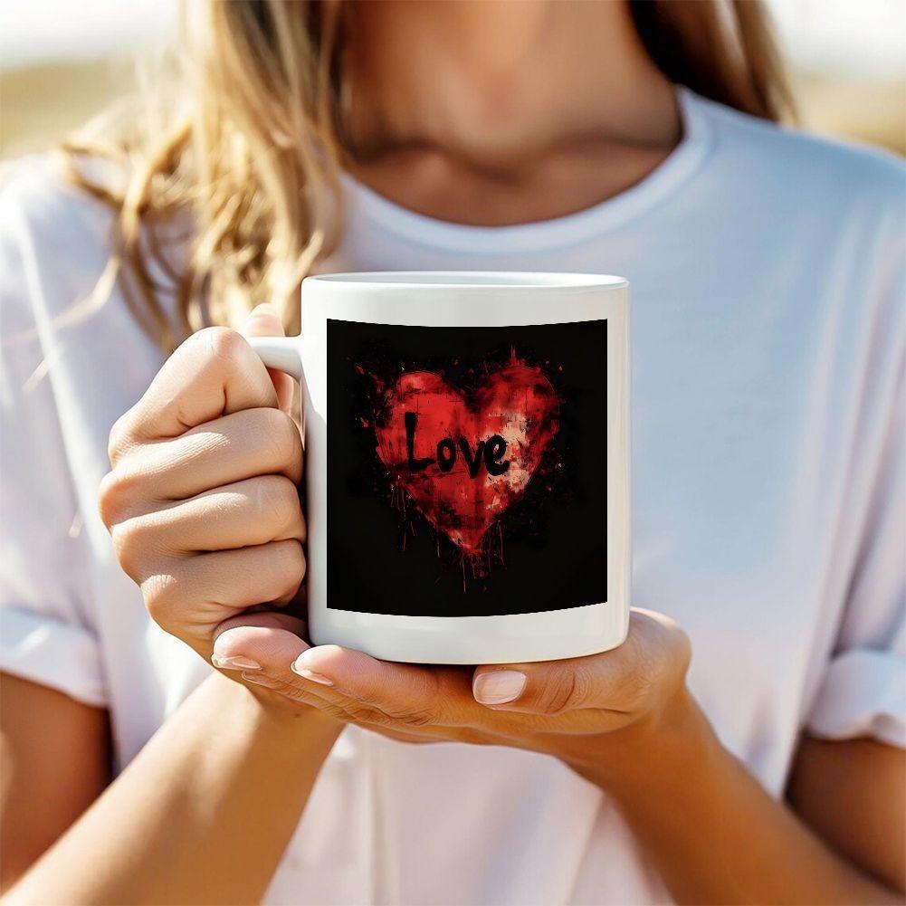 Tailorly White Ceramic 11 oz Mug - Love Artistic Red Splattered Watercolor Design Featuring A Symbolic Passionate Radiant Heart