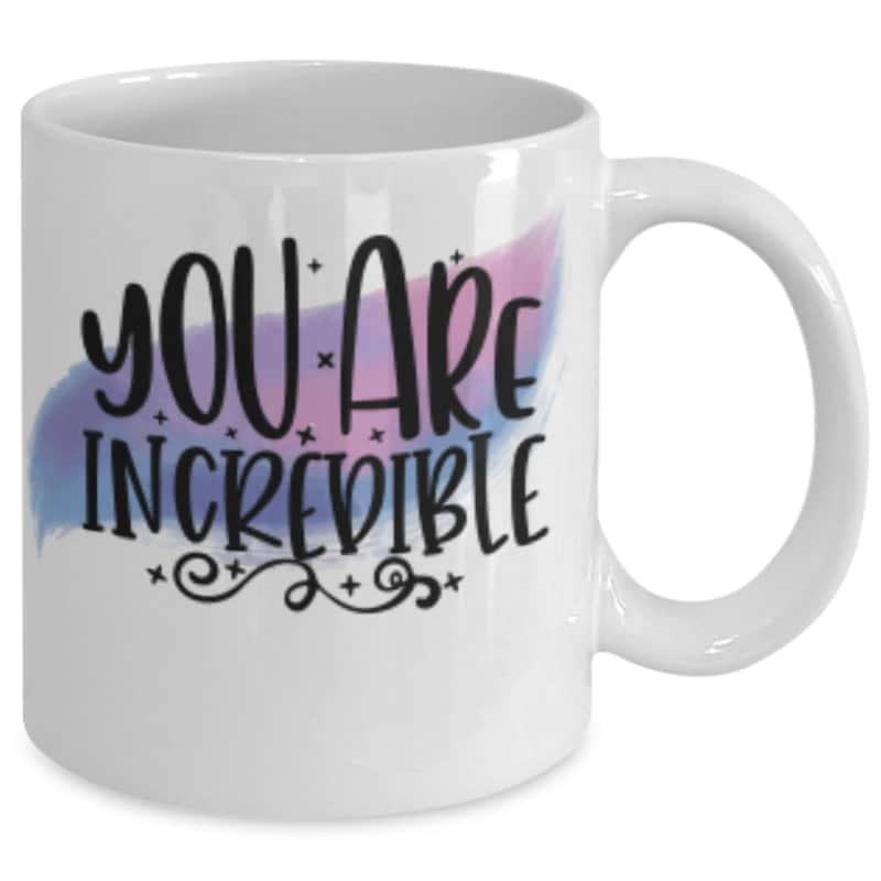 Tailorly White Ceramic 11 oz Mug - You Are Incredible Vibrant Purple And Blue Watercolor Brushstroke With Decorative Swirls And Stars Mug