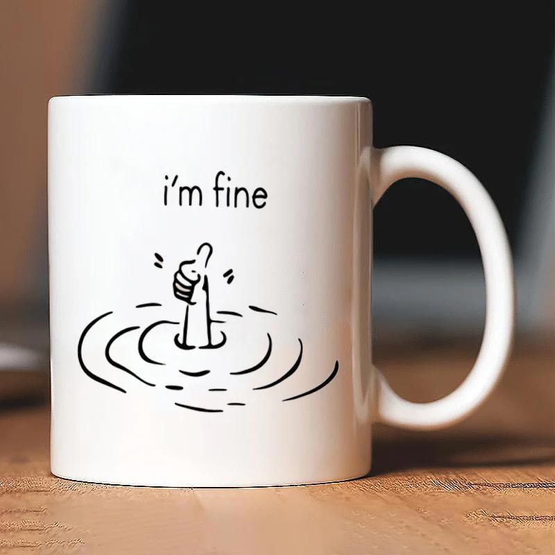 Tailorly White Ceramic 11 oz Mug - I'm Fine Minimalist Black Ink Line Art Emerging From Rippling Water Surface Hand