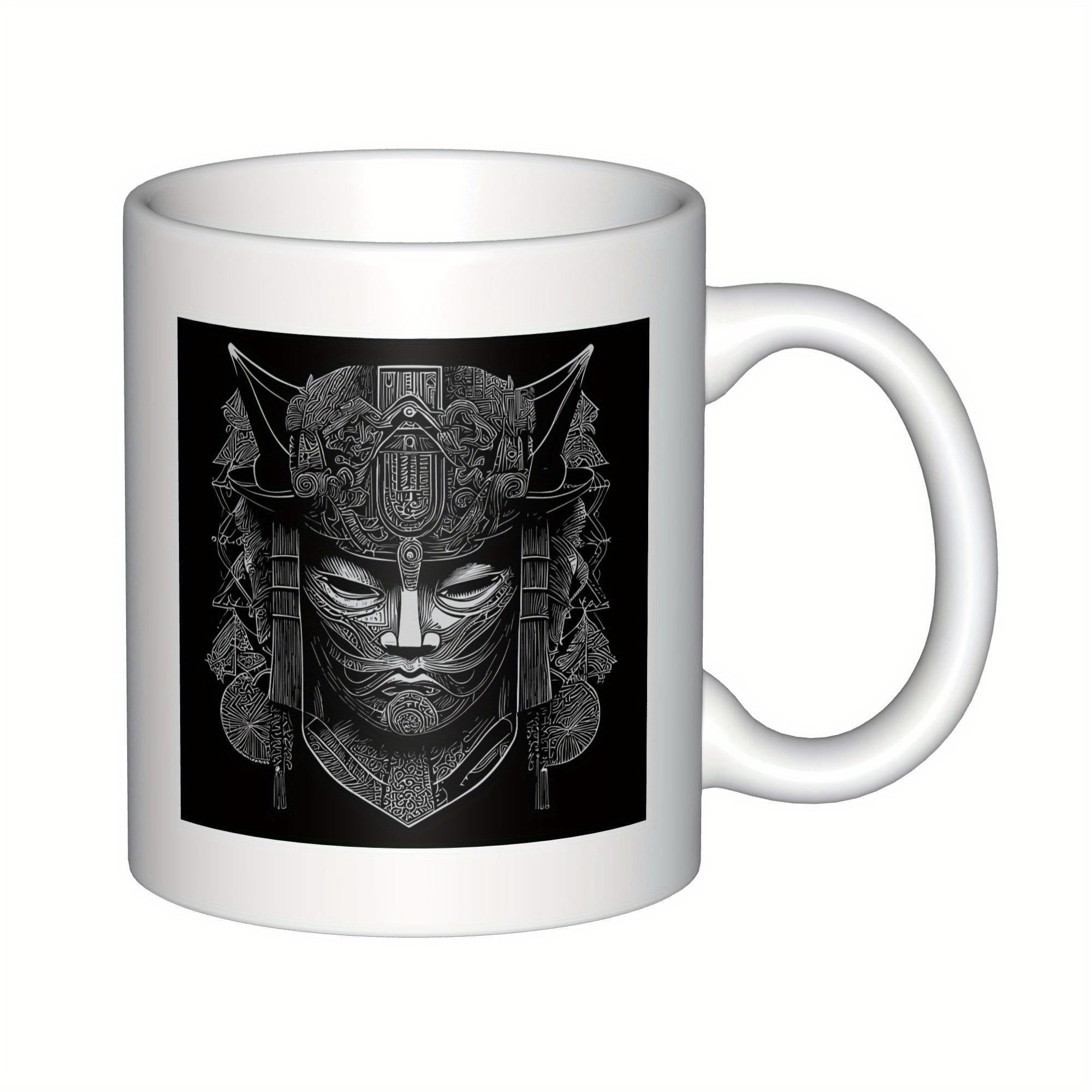Tailorly White Ceramic 11 oz Mug - Intricate Metallic Details Of A Cybernetic Robotic Mecha Mask Guarding Ancient Samurai