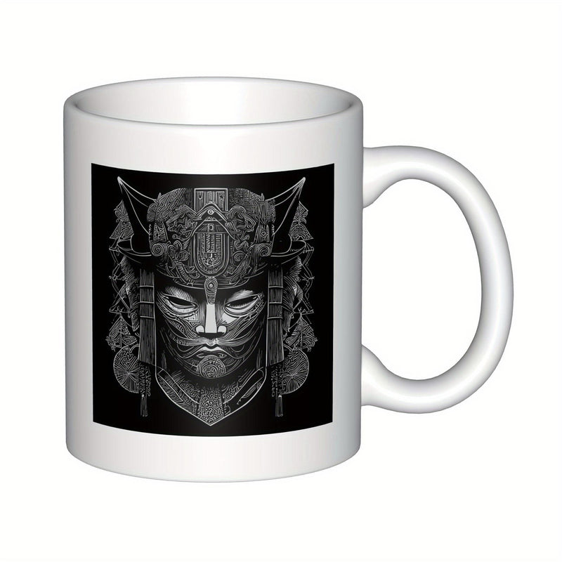 Tailorly White Ceramic 11 oz Mug - Intricate Metallic Details Of A Cybernetic Robotic Mecha Mask Guarding Ancient Samurai